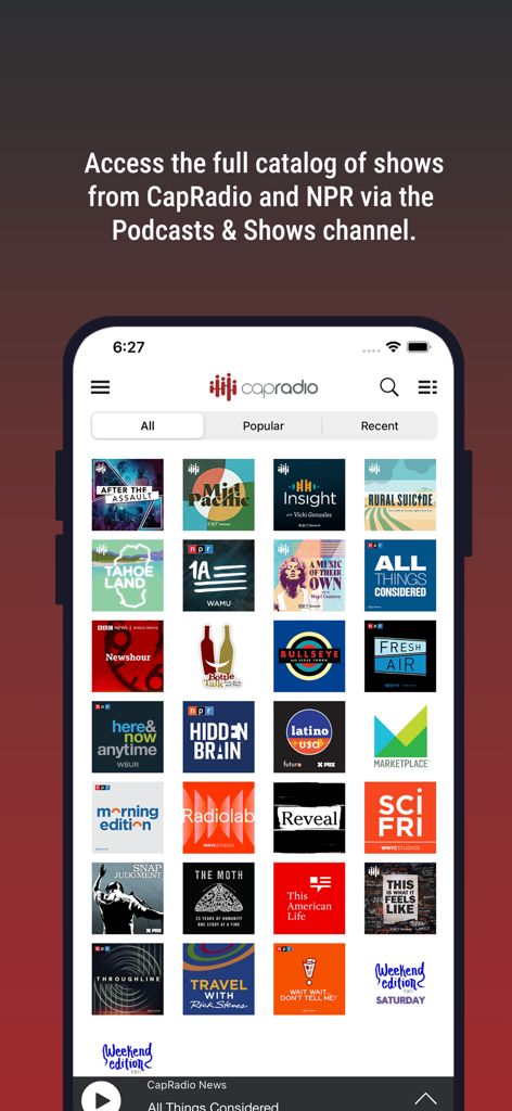 The CapRadio app interface displaying a grid of available podcasts and radio shows from CapRadio and NPR.