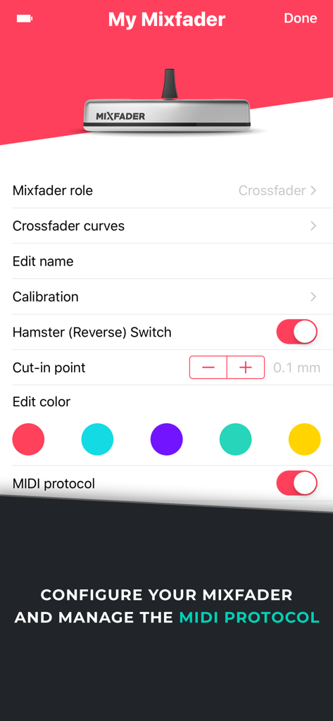 Mixfader dj app - Mixfader dj app settings screen for hardware configuration and MIDI management