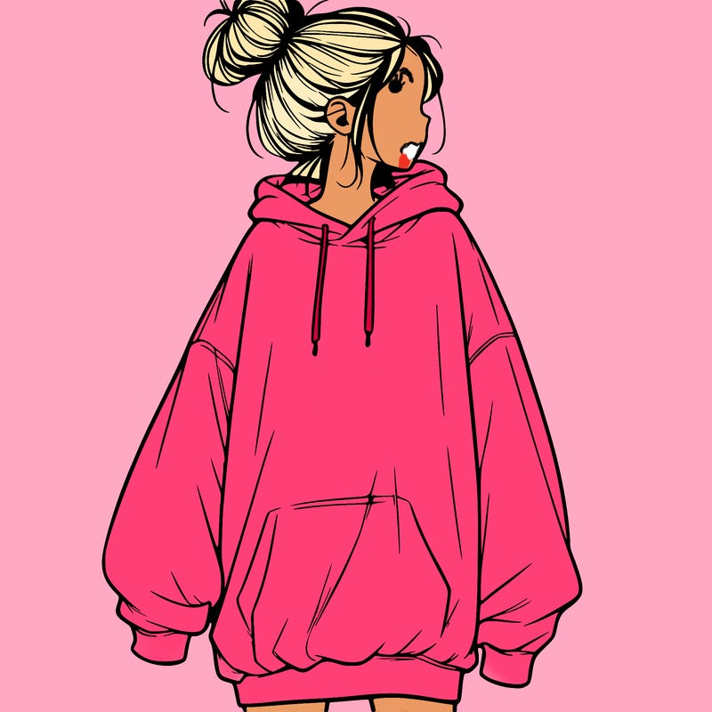 realistic girl with a oversized sweatshirt on and a bun