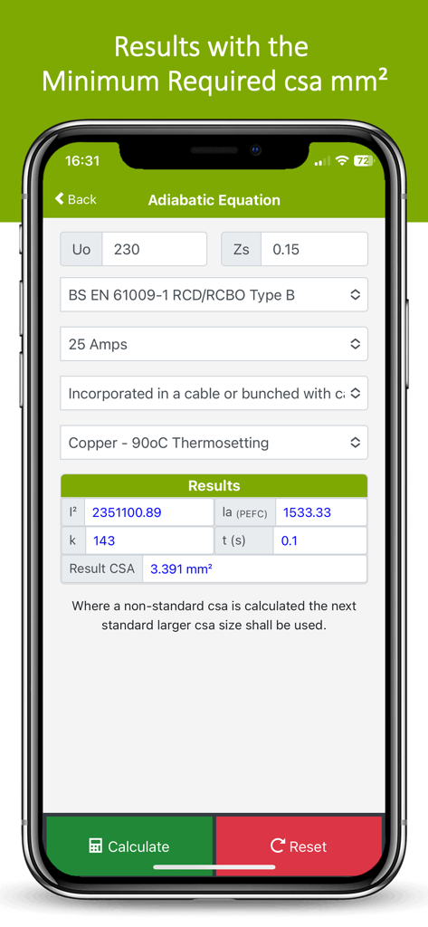 Adiabatic Equation Calculator mobile app showing minimum CSA results for electrical conductors.