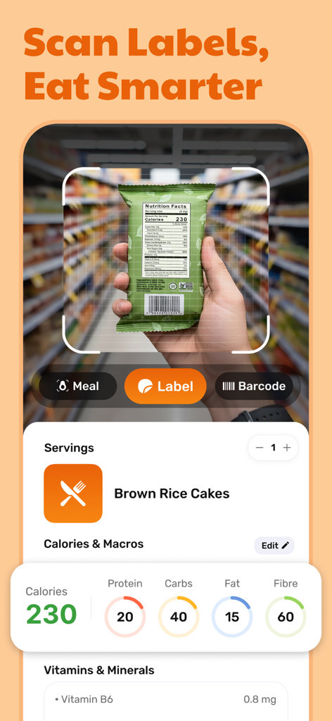 Calorie Counter - Eatwise AI - Interface do aplicativo Eatwise AI mostrando a digitalização de rótulos de alimentos para calorias e macronutrientes