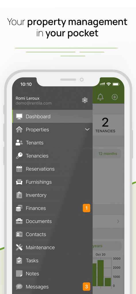 Rentila mobile app dashboard showing landlord management tools like finances and tenants