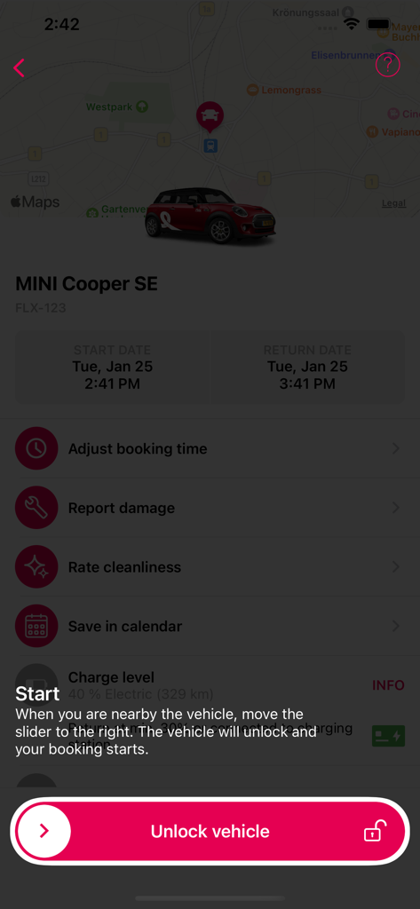 Interface of FLEX Carsharing app showing a MINI Cooper SE booking and unlock vehicle slider