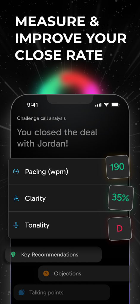 Interface of CloserCoach app showing AI feedback on a sales call including pacing, clarity, and tonality metrics