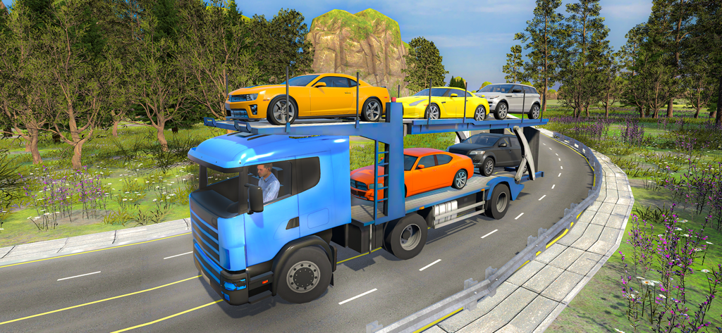 American Trailer Truck Driving - A blue car carrier trailer truck driving on a scenic winding road loaded with luxury cars and SUVs in a 3D simulation game