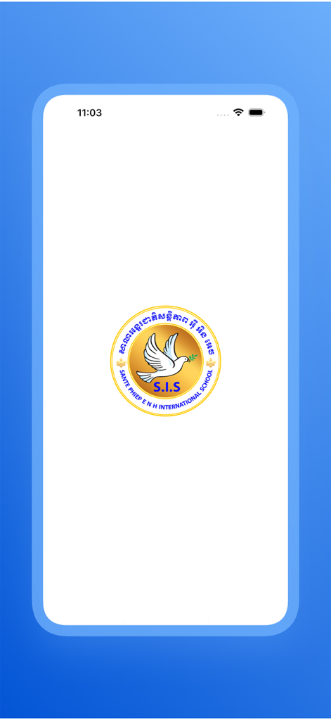 S.I.S - Pantalla de bienvenida de la app SIS International School con un logo circular con una paloma blanca.