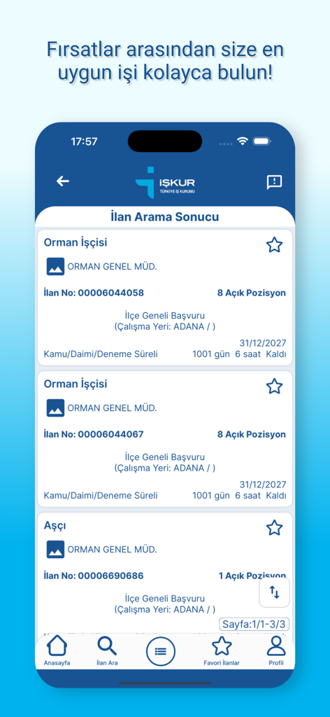 Interfaz de la aplicación İŞKUR Mobil mostrando resultados de búsqueda de empleo para puestos del sector público en Adana, Turquía