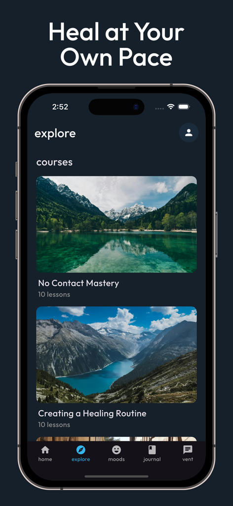 No Contact Tracker: After Us - Explore tab of After Us app displaying breakup recovery courses and lessons
