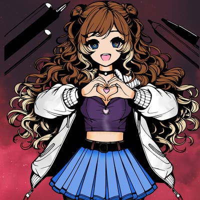 realistic girl with long curly hair wearing jacket with short anime skirt doing heart with hands 🫶