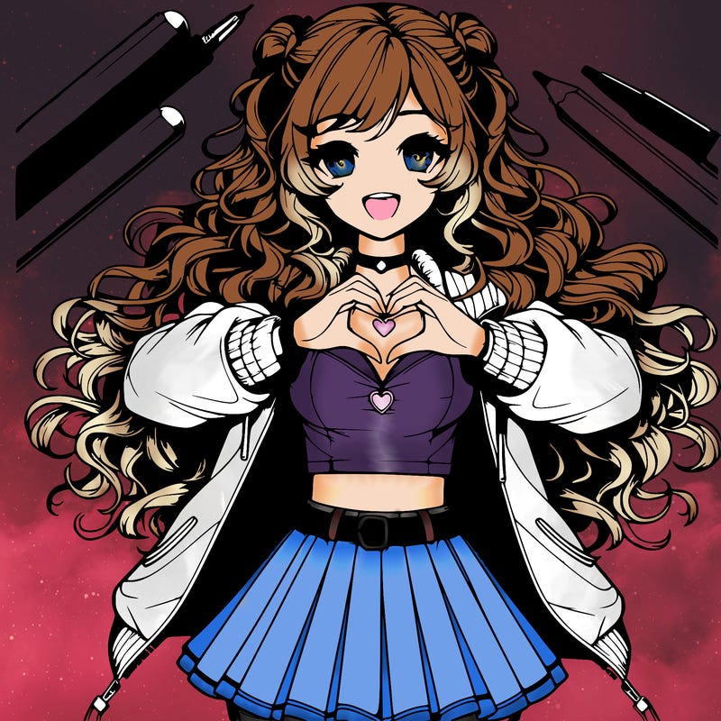 realistic girl with long curly hair wearing jacket with short anime skirt doing heart with hands 🫶