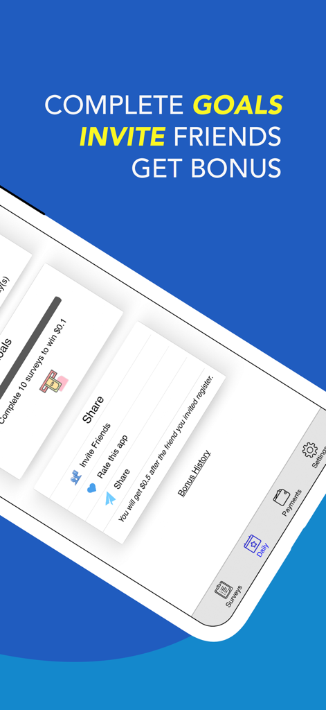 Mobile app screen for Survey Plus showing referral rewards and daily survey goals