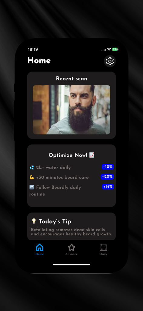 Beardly - Grow a Beard - Beardlyアプリのホームダッシュボードに、最近の髭（ひげ）スキャンと毎日の成長最適化習慣が表示されています