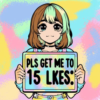 realistic girl holding up a sign that says “pls get me to 15 likes!”