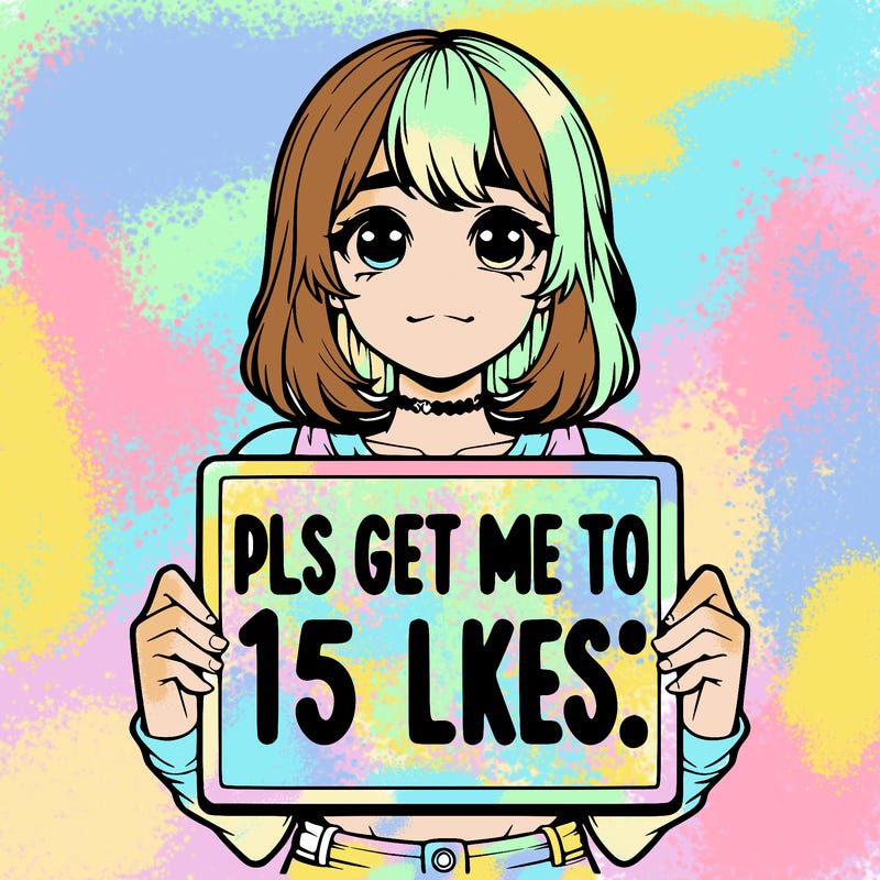 realistic girl holding up a sign that says “pls get me to 15 likes!”