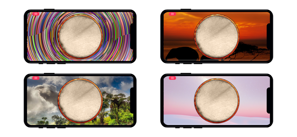 Djembe - Drum Percussion Pad - Four smartphone screens showing different background themes for the Djembe drum pad including sunset and jungle scenes