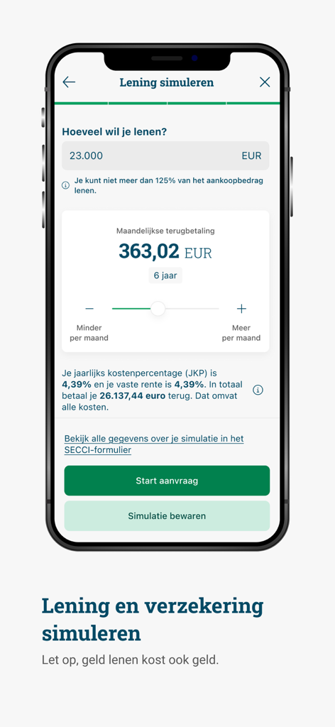 Argenta Banking - Un écran de simulation de prêt dans l'application mobile Argenta Banking affichant les calculs de remboursement mensuel pour un prêt de vingt-trois mille euros.