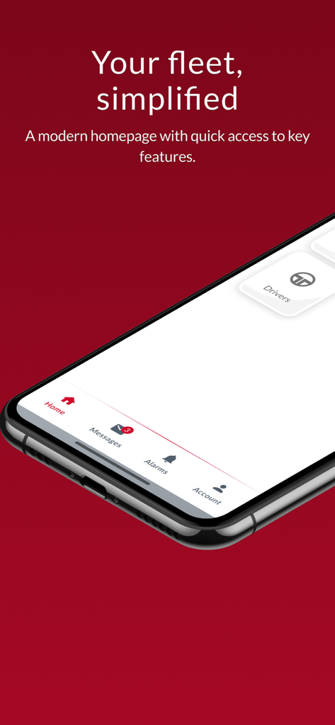 Interfaz de la aplicación móvil Frotcom Fleet Manager mostrando una página de inicio simplificada y un menú de navegación