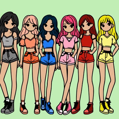 a group of girls wearing crop tops and shorts