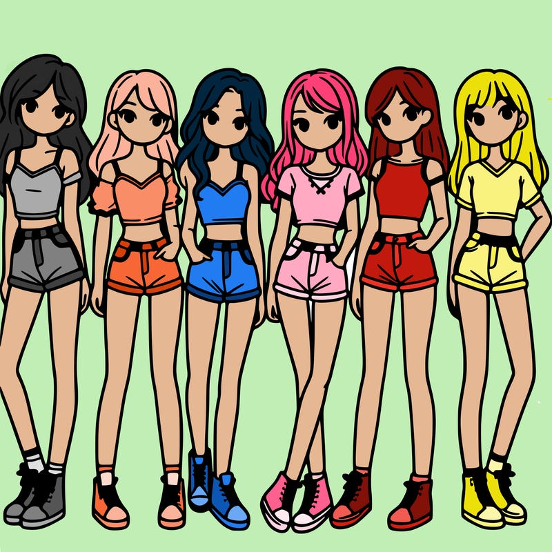 a group of girls wearing crop tops and shorts