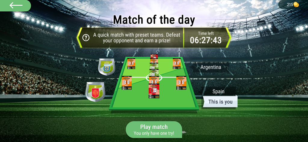 FIFA World Cup 2026™ AXL™ - Match of the Day screen in the FIFA World Cup 2026 AXL app showing a soccer field with player card lineups for Argentina and Spain
