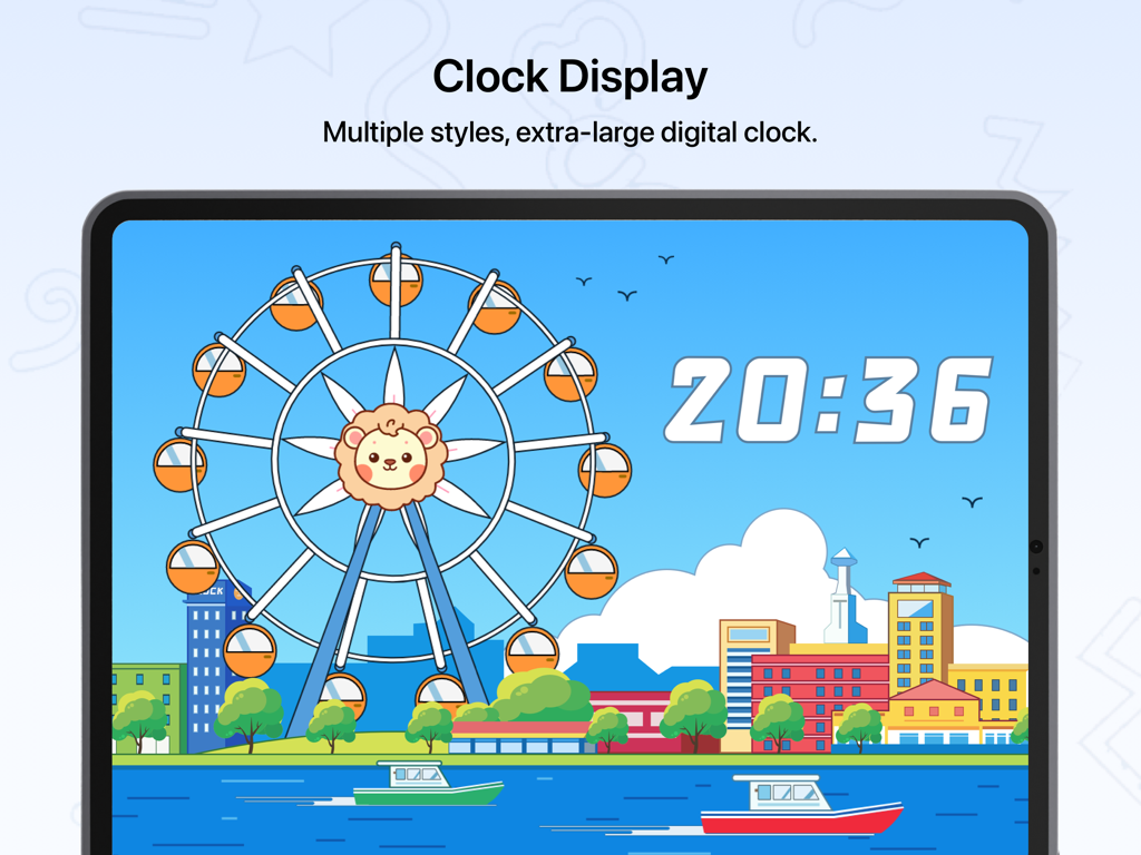 Uhale Photo Frame & Clock - Digital clock display on an iPad featuring a colorful cartoon city illustration with a ferris wheel