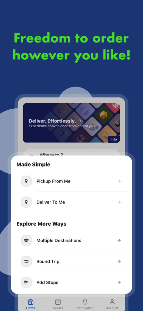 Qargo: Request a Delivery - Interface of the Qargo delivery app showing various courier service options including multiple destinations and round trips.
