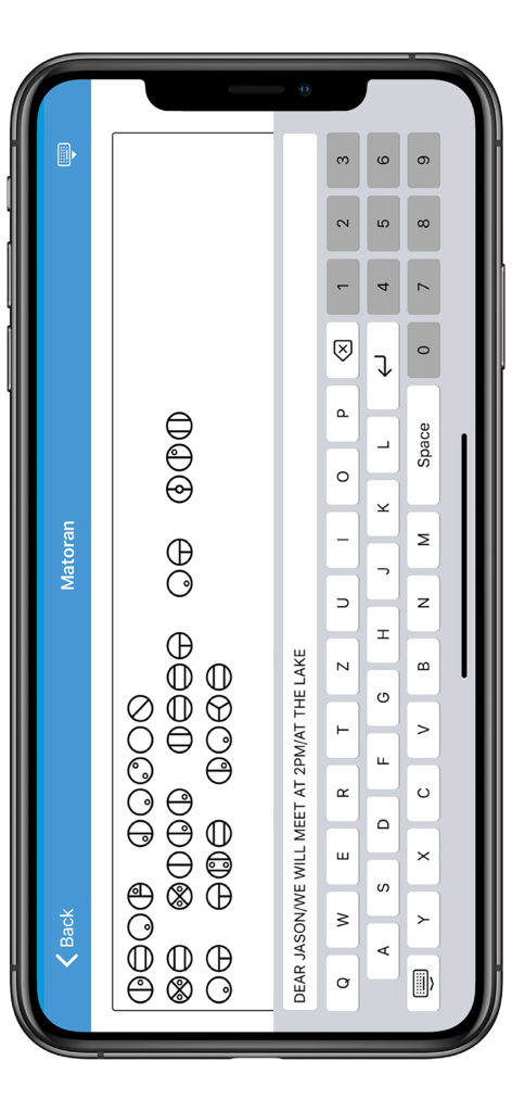 Cipher - Smartphone screen showing the Cipher app encoding a text message into Matoran symbols