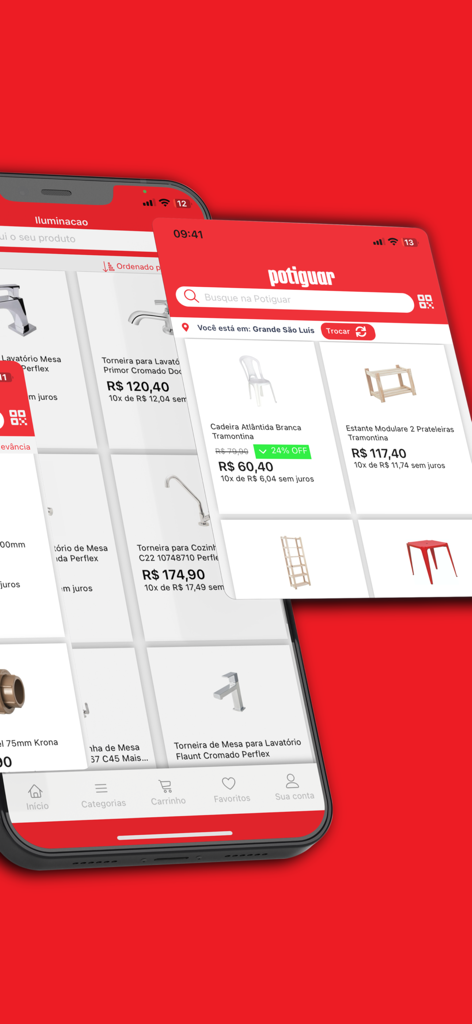 Potiguar Home Center 앱 인터페이스가 휴대폰 화면에 주택 개선 제품 카탈로그를 보여주는 화면