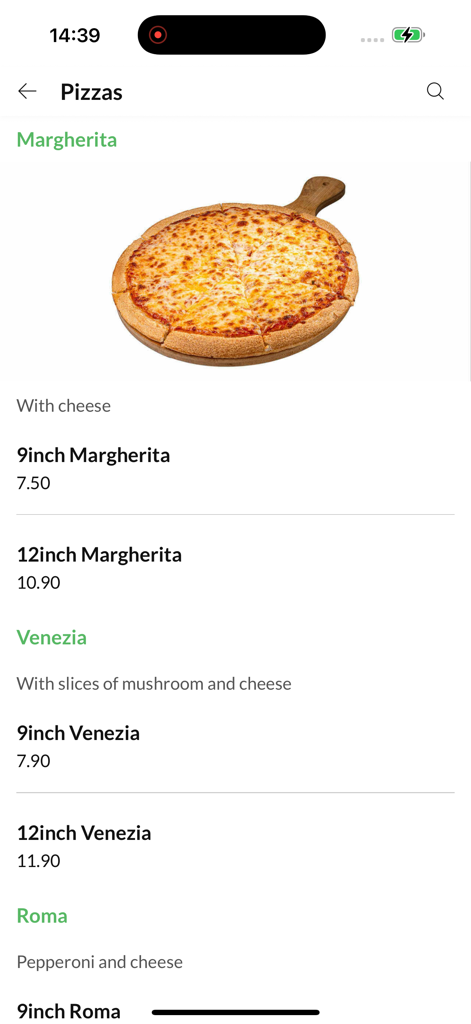 Menu screen of the Rayleigh Kebab app showing pizza options and prices