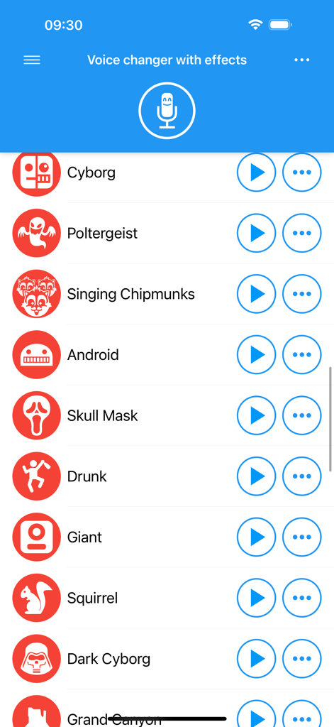 List of voice modification effects including Cyborg and Poltergeist in the Voice changer with effects app.