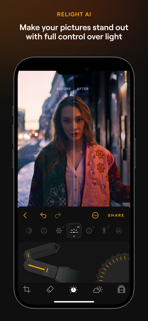 Luminar Mobile AI Photo Editor Relight AI feature showing before and after lighting on a portrait photo