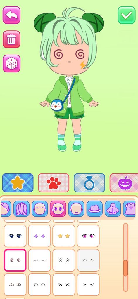 Doll Dress Up: Games for Girls - A creative Chibi doll character being customized with green hair and outfit in a girl's dress up game interface