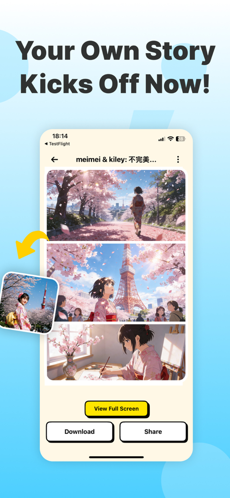 PixComic – AI Comic Generator - PixComicアプリのインターフェース。着物を着た女性の写真から生成された3パネルのマンガストーリーが表示されています。