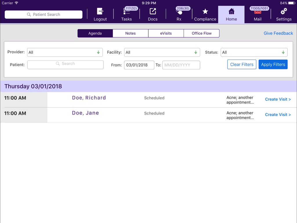 ModMed Practice Sandbox - ModMed Practice Sandbox agenda dashboard showing scheduled patient visits and filters