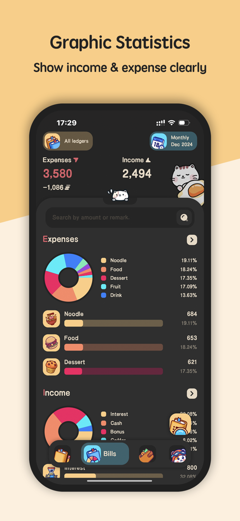 Meow Money manager - Interfaz de la aplicación móvil Meow Money Manager que muestra estadísticas de ingresos y gastos con un gráfico circular y lindos personajes de gatos en modo oscuro.