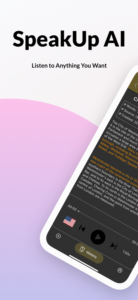 SpeakUp AI - SpeakUp AI mobile app interface showing a text to speech player with active text highlighting