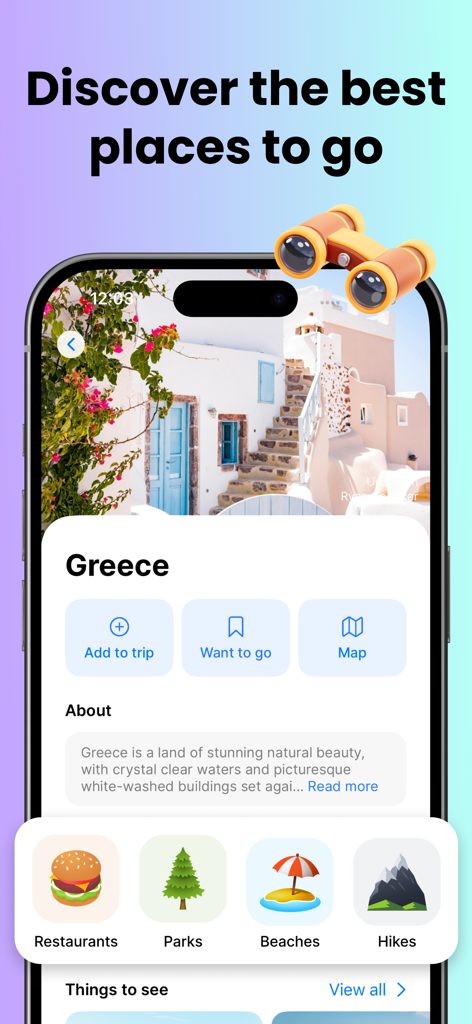 Schermata dell'app Tripbook che mostra la scoperta di destinazioni di viaggio per la Grecia con categorie per ristoranti e spiagge.
