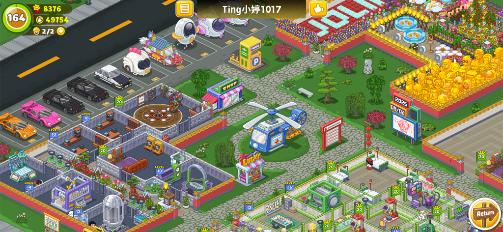 Fun Hospital - Tycoon is back - Vista de arriba abajo de un diseño de hospital personalizado en Fun Hospital Tycoon con varias salas médicas y un aparcamiento