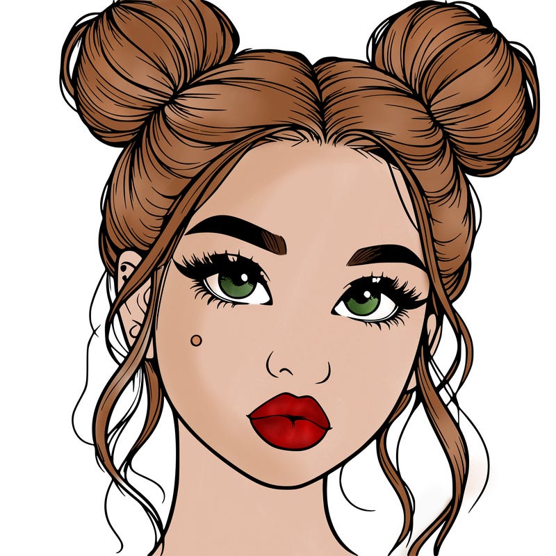 realistic girl with two buns on her hair and lips