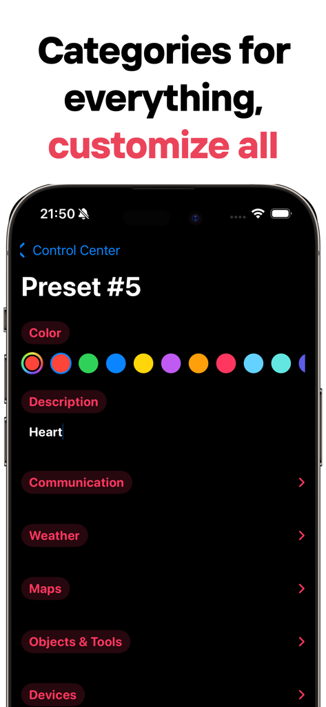 Widgets: Cute Control & Themes - A mobile app interface for customizing iOS 18 control center presets with color pickers and widget categories like weather and communication.