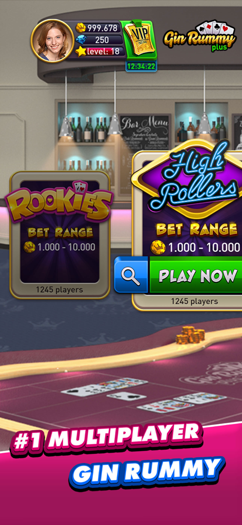 Gin Rummy Plus multiplayer card game lobby featuring High Rollers and Rookies rooms