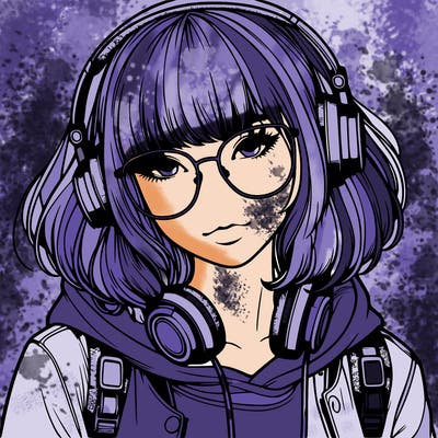 realistic teenagegirl with bangs in her hair headphones and wearing glasses and a jacket with a hoodie