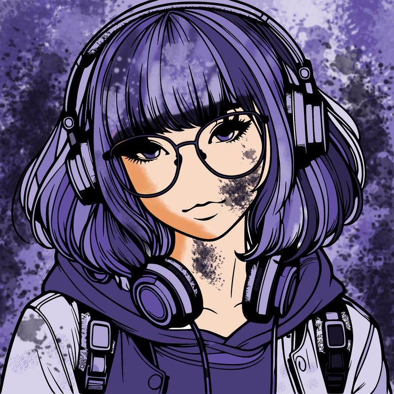 realistic teenagegirl with bangs in her hair headphones and wearing glasses and a jacket with a hoodie