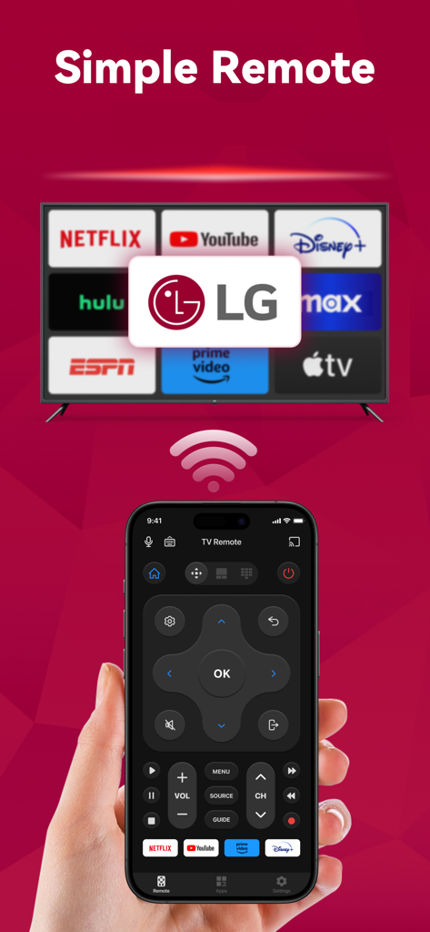 Hand holding an iPhone with the LG TV remote app interface connecting to a smart TV via Wi-Fi.