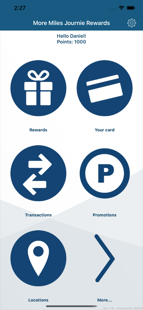 More Miles Journie Rewardsアプリのダッシュボード。ポイント残高と、特典および燃料取引のためのナビゲーションアイコンが表示されています。