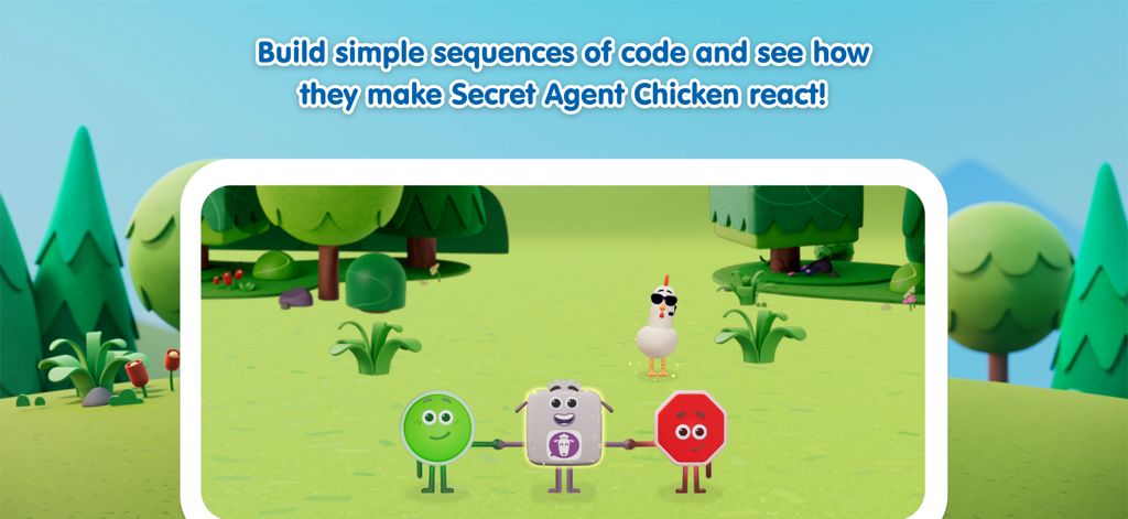 Meet the Wonderblocks - Personagens do Wonderblocks formando uma sequência de programação simples para interagir com o Secret Agent Chicken em um campo gramado.