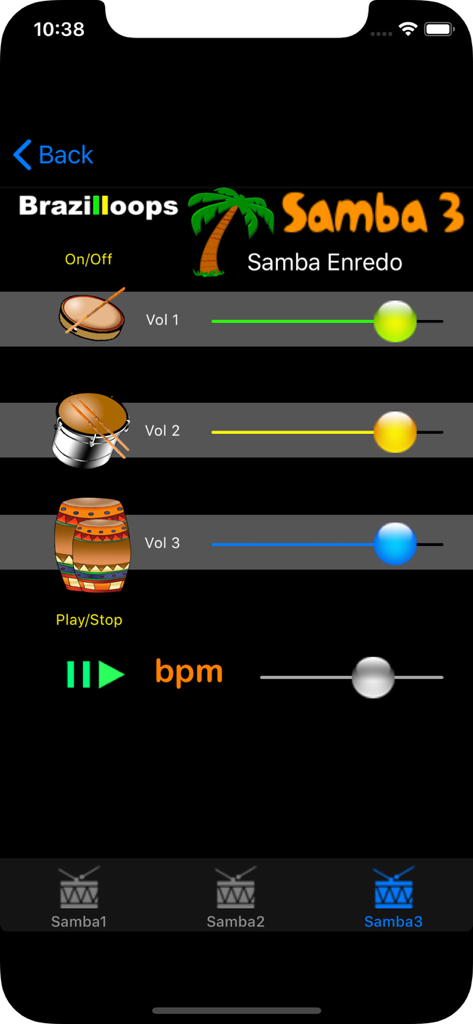 Interfaz de la aplicación Brazilloops Samba con deslizadores de volumen de pistas de percusión y ajustes de BPM