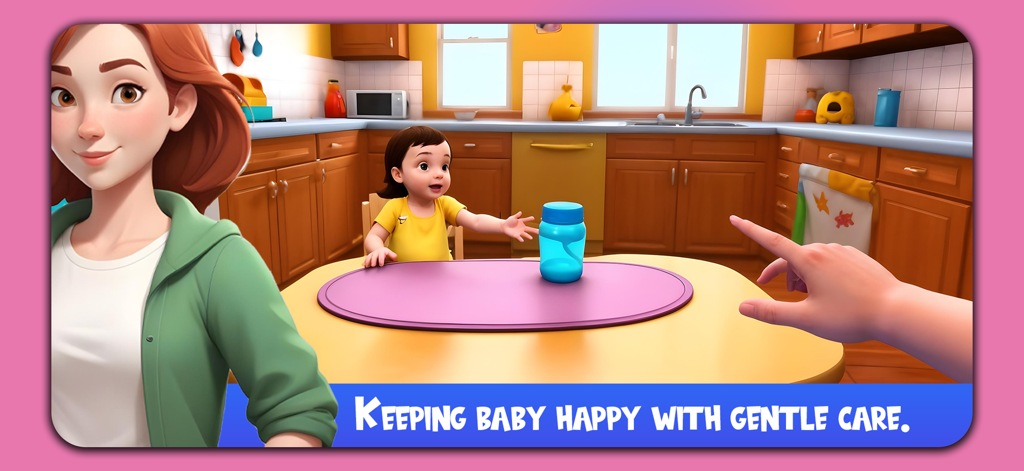 Mother Simulator : Real Mom - A scene from the Mother Simulator game showing a virtual mom and a baby in a kitchen with a feeding bottle.