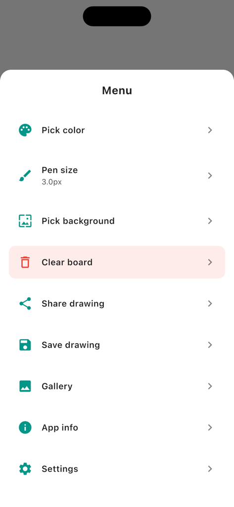PaintHood - Simple Drawing App - Main menu of the PaintHood drawing app showing options for picking colors, pen size, and saving drawings