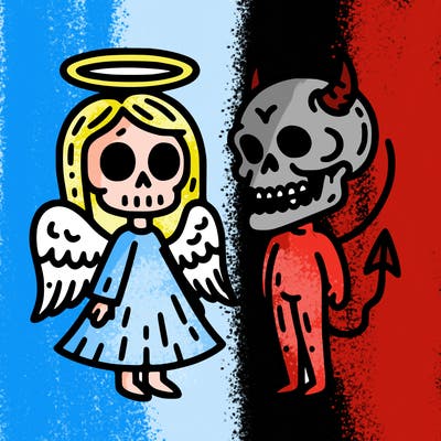 angel and devil skull